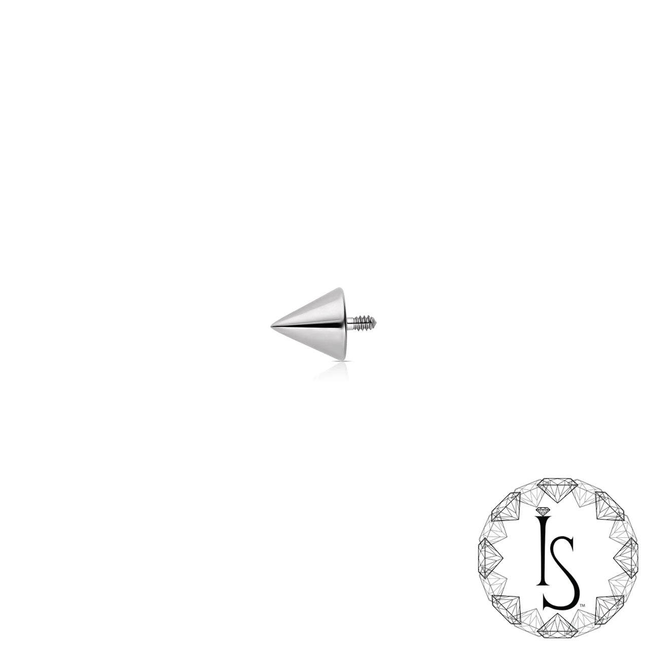 Silver cone-shaped Spike earring on a white background with a brand logo.