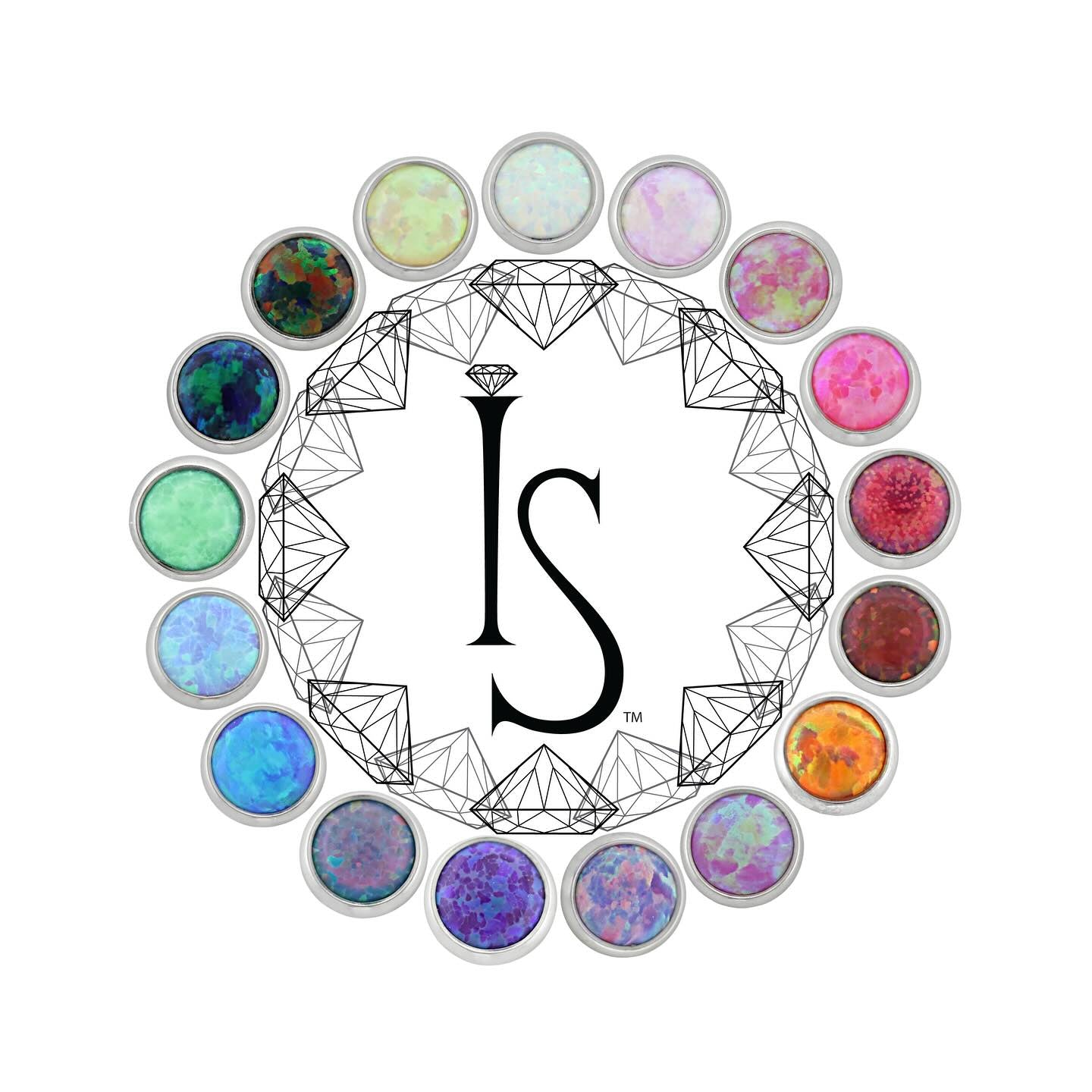 Circular arrangement of colorful gemstones with a central logo on a white background