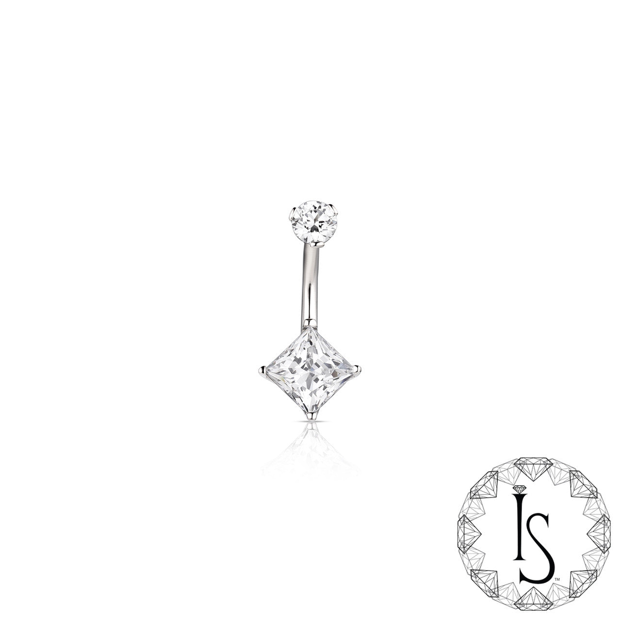 Industrial Strength Princess cut Swarovski gem navel bar  on a white background