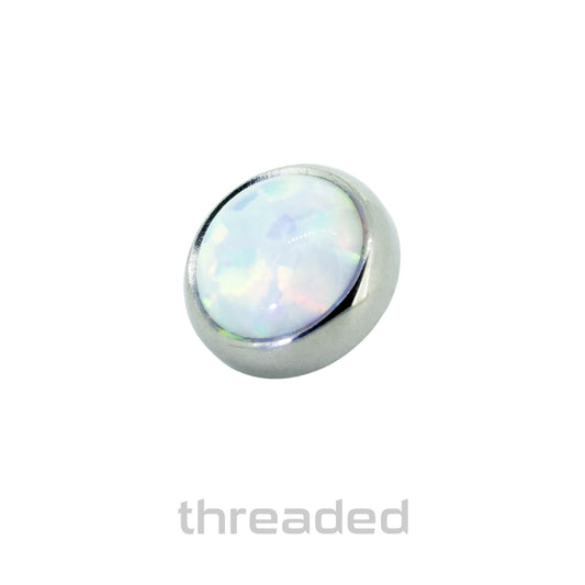 Round opal gemstone with silver setting on a white background, branded 'threaded'.