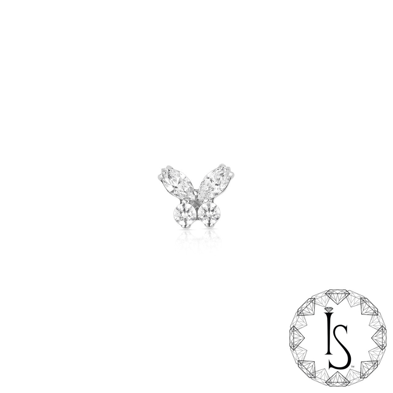 Butterfly-shaped earrings on a white background with a brand logo.