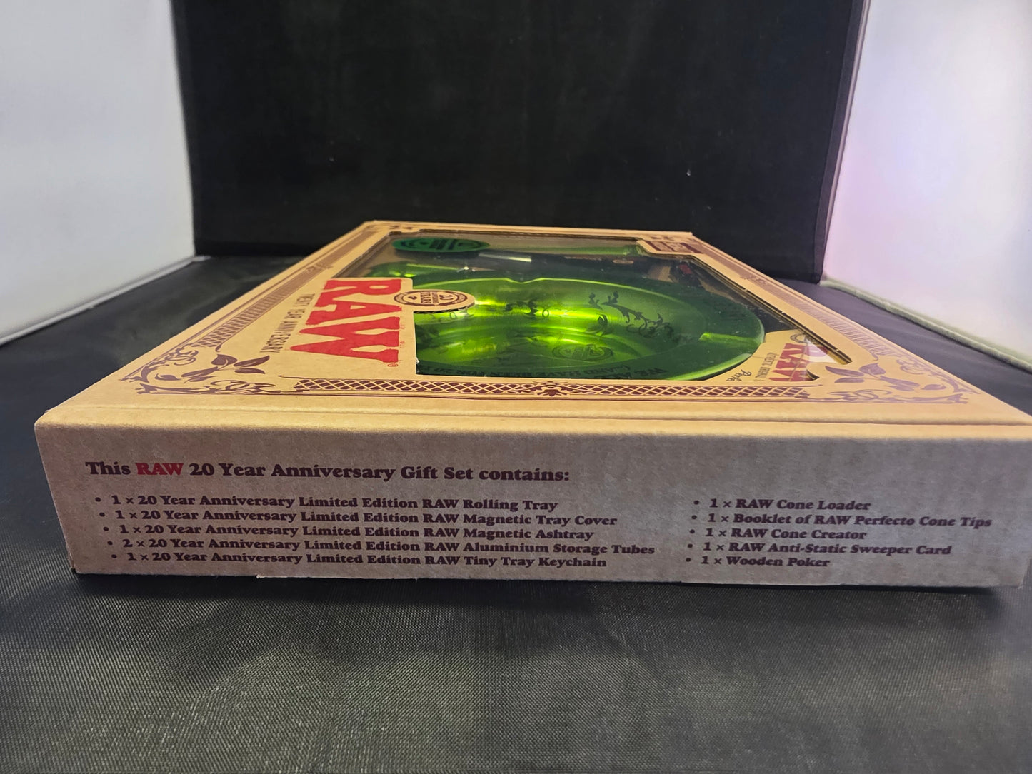 RAW 10 Year Anniversary Gift Set packaging with green rolling tray inside