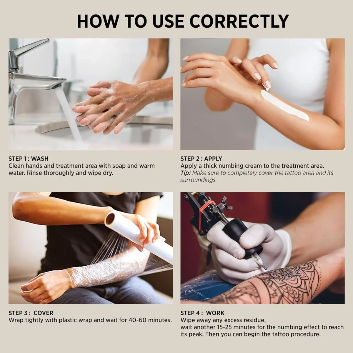 Step-by-step guide on how to use numbing cream for a tattoo procedure.